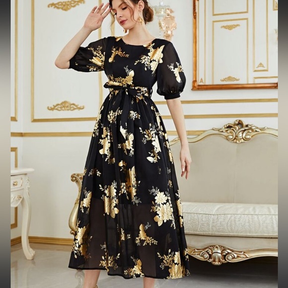 SHEIN Modely Gold Floral Print Lantern Sleeve Belted Dress Size S - Picture 1 of 12